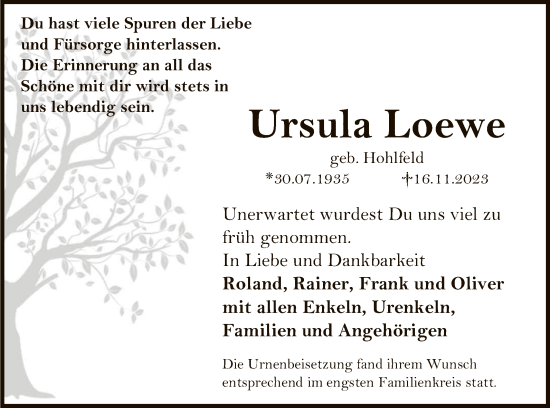 Anzeige von Ursula Loewe von Reutlinger General-Anzeiger