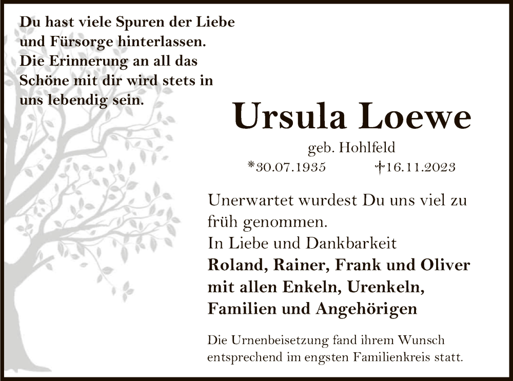  Traueranzeige für Ursula Loewe vom 06.12.2023 aus Reutlinger General-Anzeiger