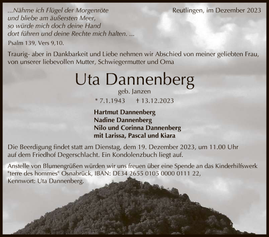 Anzeige von Uta Dannenberg von Reutlinger General-Anzeiger