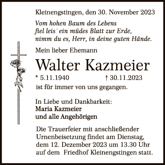 Anzeige von Walter Kazmeier von Reutlinger General-Anzeiger