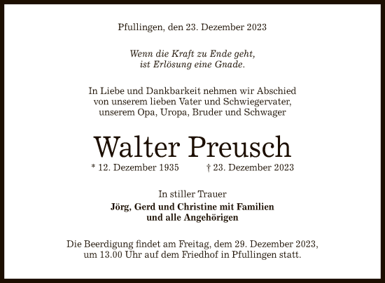 Anzeige von Walter Preusch von Reutlinger General-Anzeiger