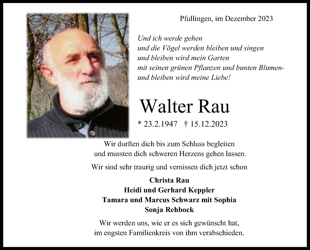  Traueranzeige für Walter Rau vom 23.12.2023 aus Reutlinger General-Anzeiger