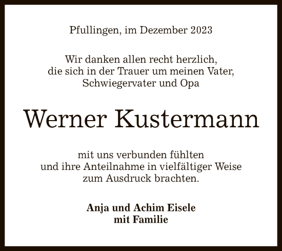 Anzeige von Werner Kustermann von Reutlinger General-Anzeiger