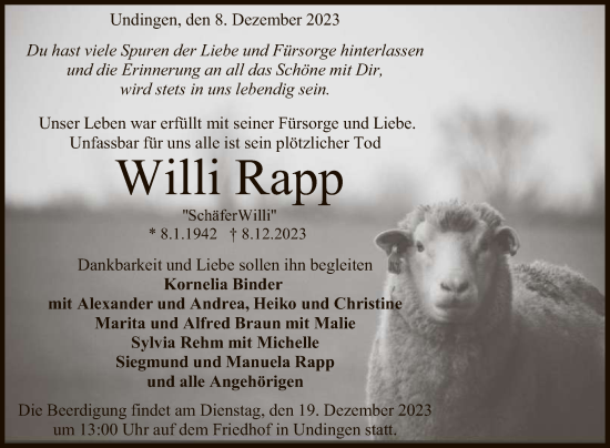 Anzeige von Willi Rapp von Reutlinger General-Anzeiger