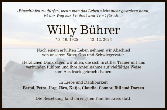 Anzeige von Willy Bührer von Reutlinger General-Anzeiger