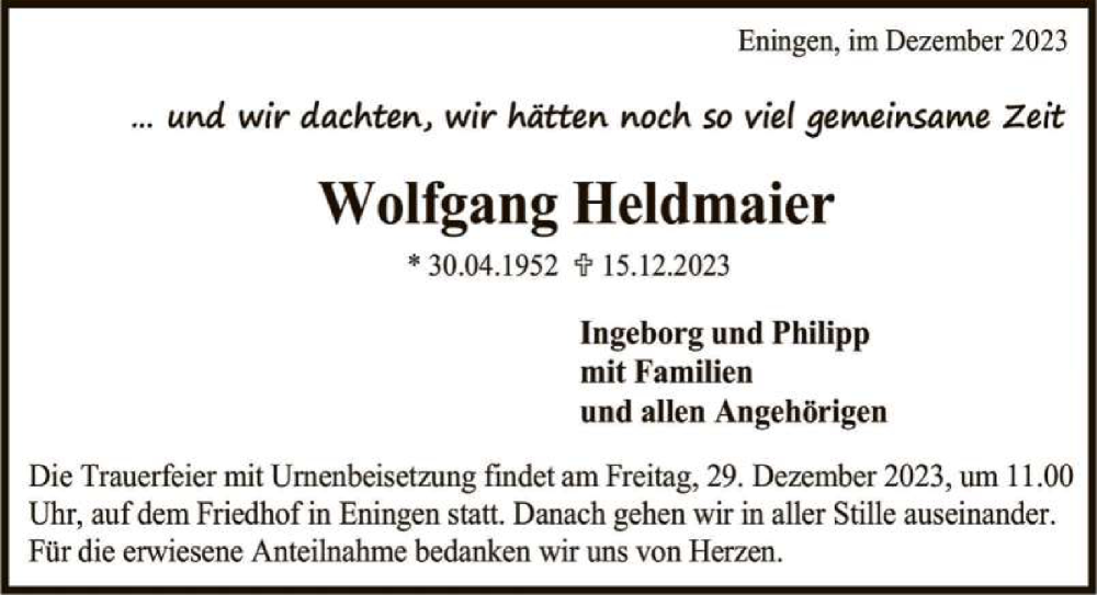  Traueranzeige für Wolfgang Heldmaier vom 23.12.2023 aus Reutlinger General-Anzeiger