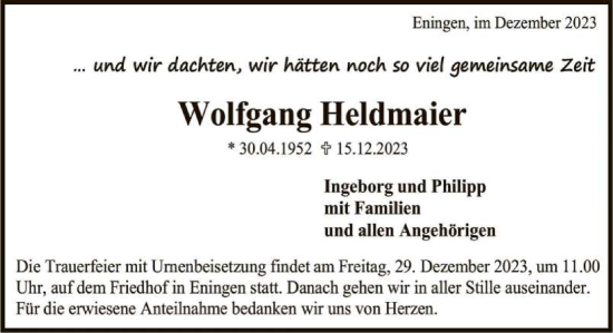 Anzeige von Wolfgang Heldmaier von Reutlinger General-Anzeiger