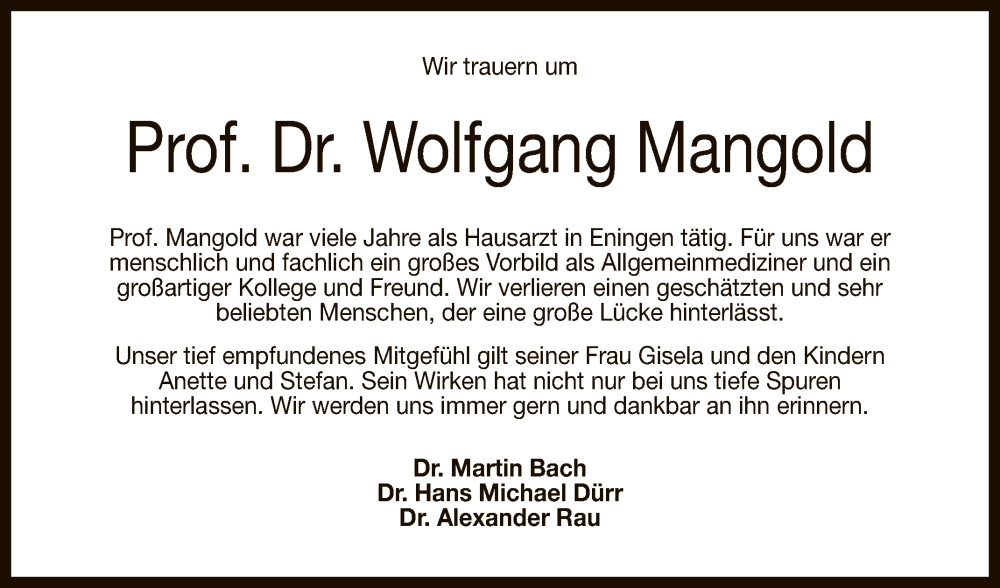  Traueranzeige für Wolfgang Mangold vom 13.12.2023 aus Reutlinger General-Anzeiger