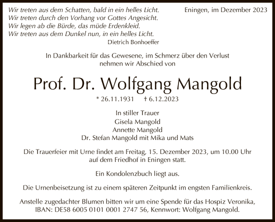 Anzeige von Wolfgang Mangold von Reutlinger General-Anzeiger