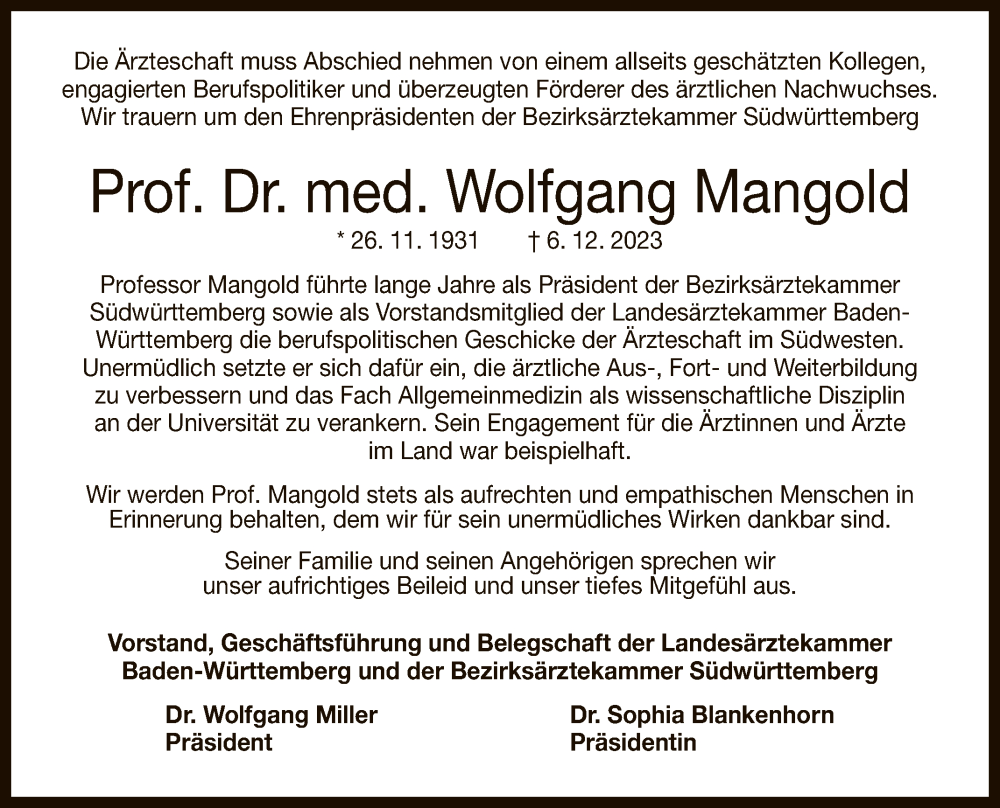  Traueranzeige für Wolfgang Mangold vom 12.12.2023 aus Reutlinger General-Anzeiger