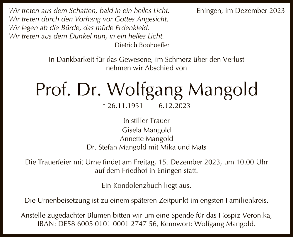  Traueranzeige für Wolfgang Mangold vom 09.12.2023 aus Reutlinger General-Anzeiger