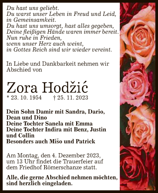 Anzeige von Zora Hodzic von Reutlinger General-Anzeiger