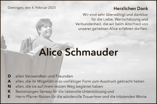Anzeige von Alice Schmauder von Reutlinger General-Anzeiger