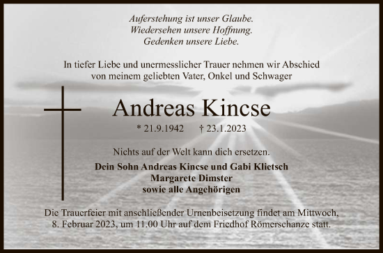 Anzeige von Andreas Kincse von Reutlinger General-Anzeiger