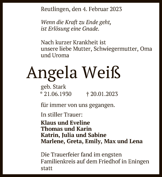 Anzeige von Angela Weiß von Reutlinger General-Anzeiger