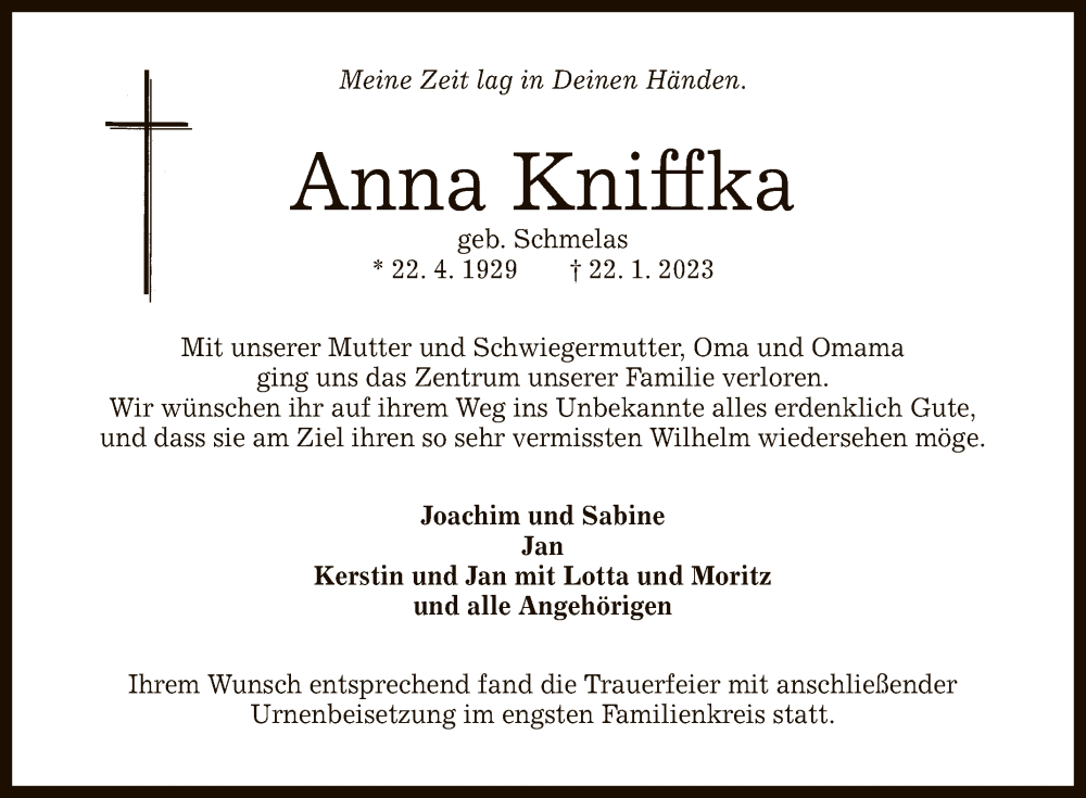  Traueranzeige für Anna Kniffka vom 08.02.2023 aus Reutlinger General-Anzeiger