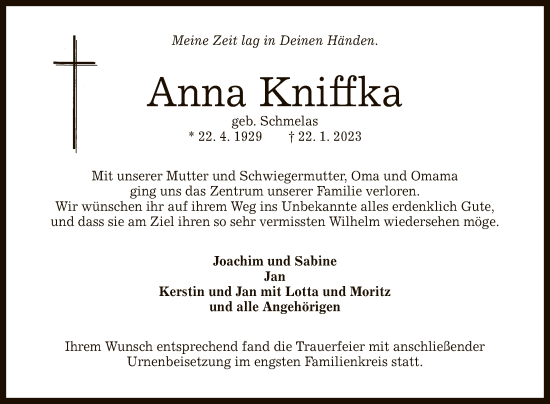 Anzeige von Anna Kniffka von Reutlinger General-Anzeiger
