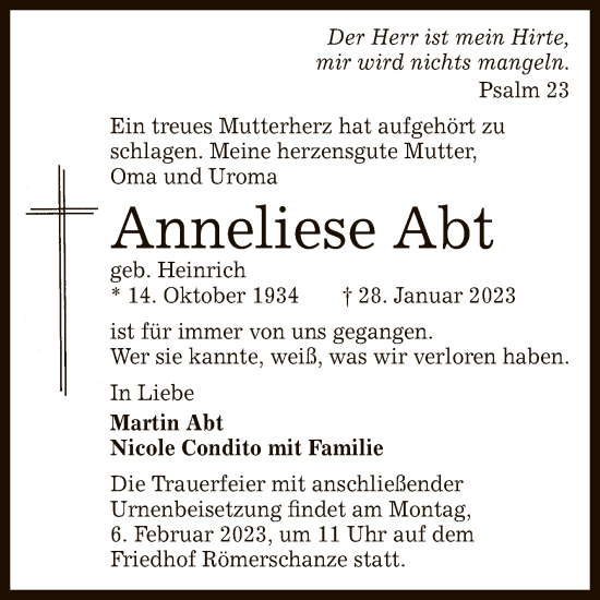Anzeige von Anneliese Abt von Reutlinger General-Anzeiger