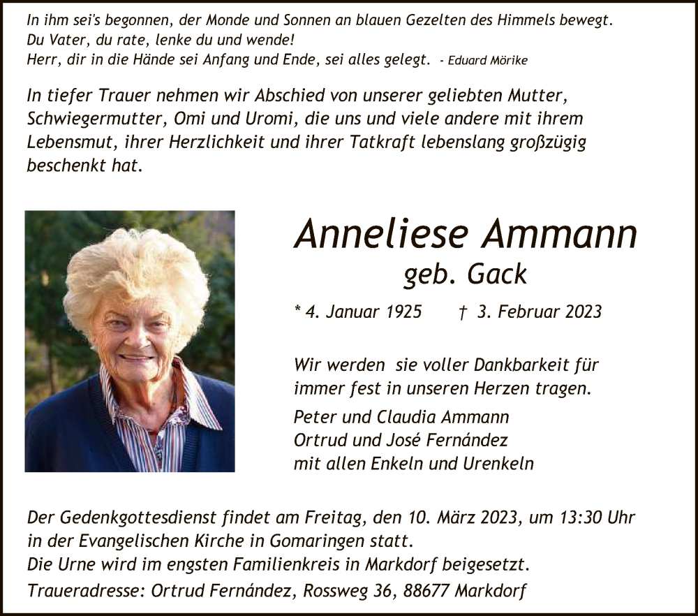  Traueranzeige für Anneliese Ammann vom 18.02.2023 aus Reutlinger General-Anzeiger