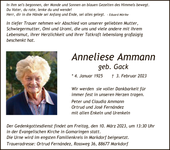 Anzeige von Anneliese Ammann von Reutlinger General-Anzeiger