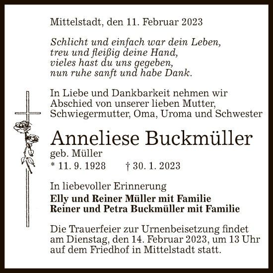 Anzeige von Anneliese Buckmüller von Reutlinger General-Anzeiger