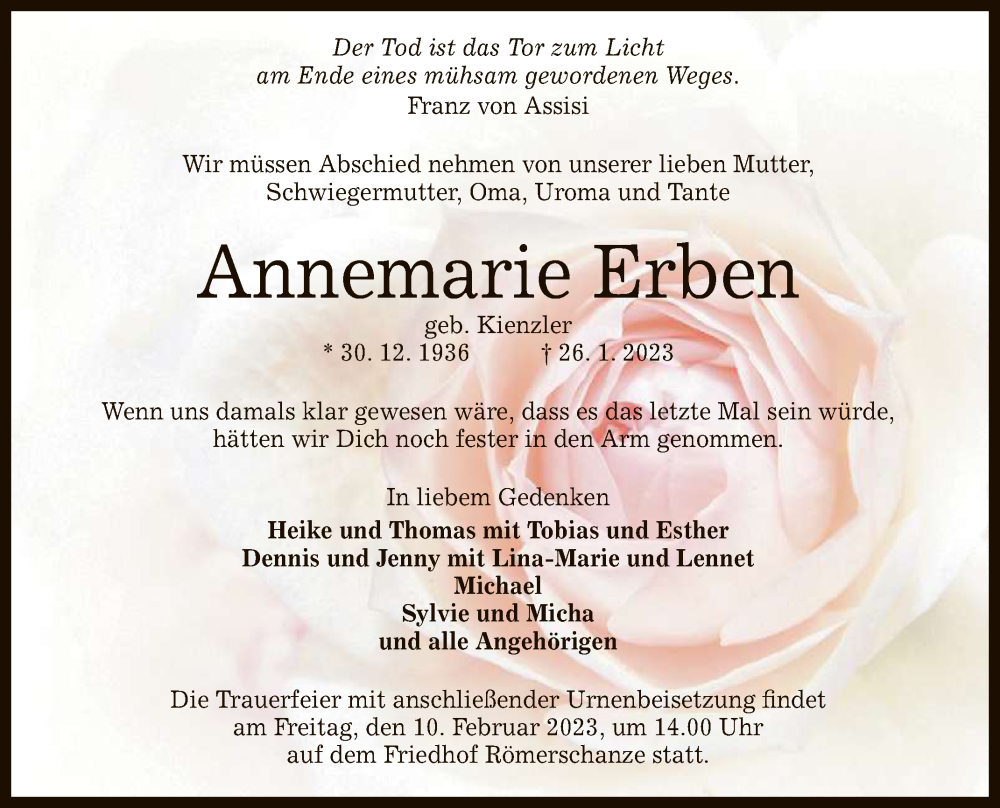  Traueranzeige für Annemarie Erben vom 04.02.2023 aus Reutlinger General-Anzeiger