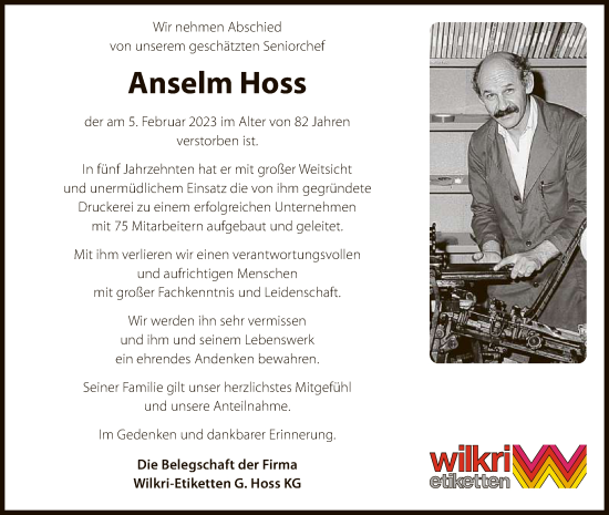 Anzeige von Anselm Hoss von Reutlinger General-Anzeiger