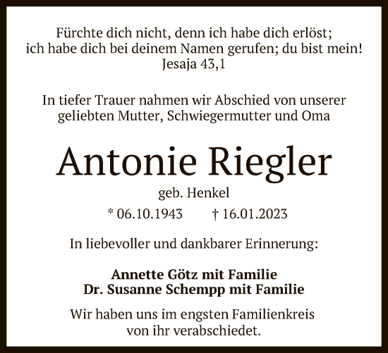 Anzeige von Antonie Riegler von Reutlinger General-Anzeiger