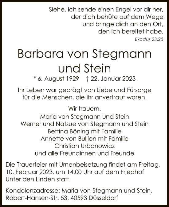 Anzeige von Barbara von Stegmann und Stein von Reutlinger General-Anzeiger