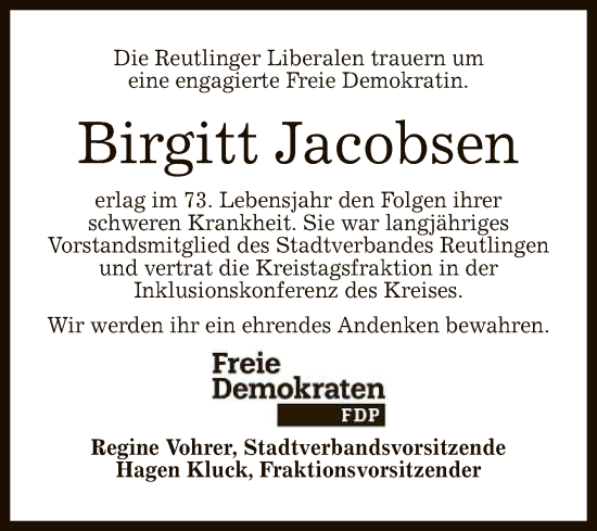 Anzeige von Birgitt Jacobsen von Reutlinger General-Anzeiger