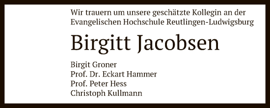 Anzeige von Birgitt Jacobsen von Reutlinger General-Anzeiger