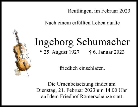 Anzeige von Ingeborg Schumacher von Reutlinger General-Anzeiger