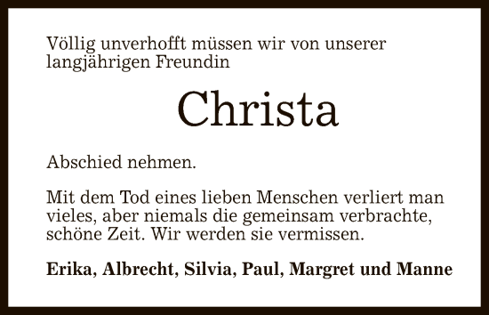 Anzeige von Christa  von Reutlinger General-Anzeiger