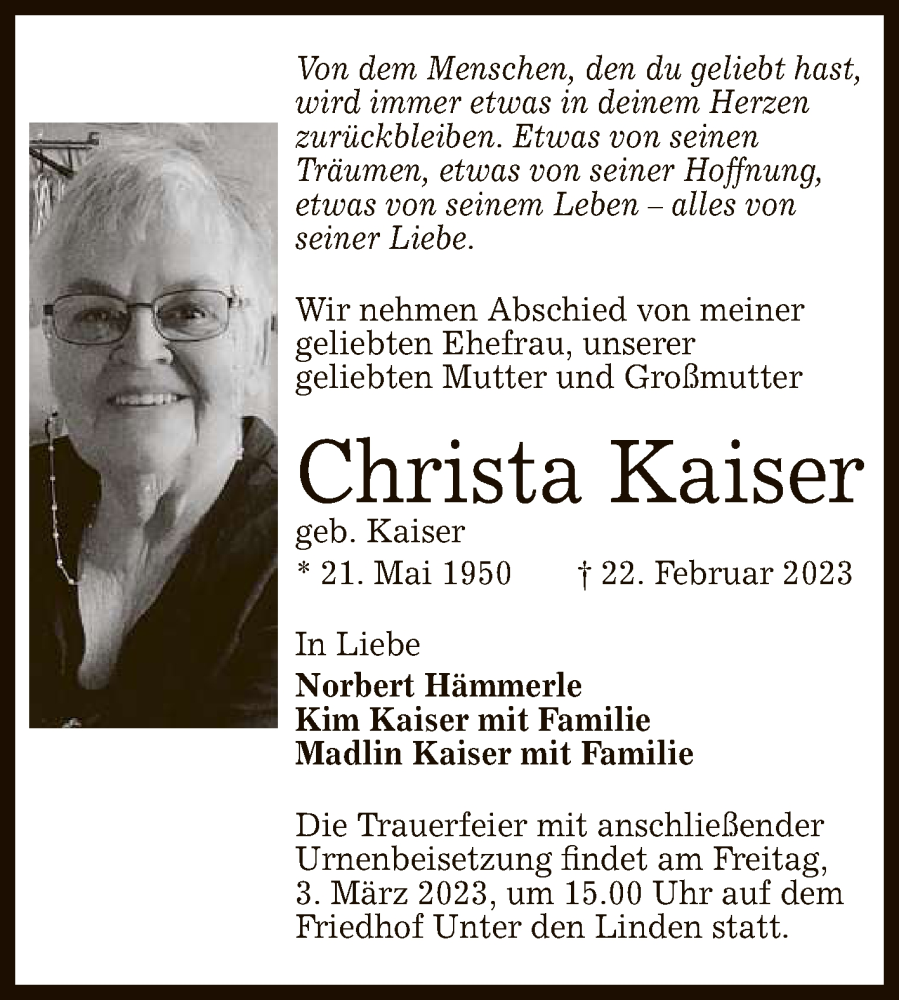  Traueranzeige für Christa Kaiser vom 25.02.2023 aus Reutlinger General-Anzeiger