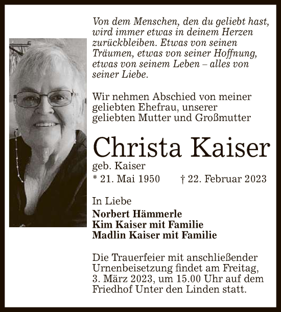 Anzeige von Christa Kaiser von Reutlinger General-Anzeiger