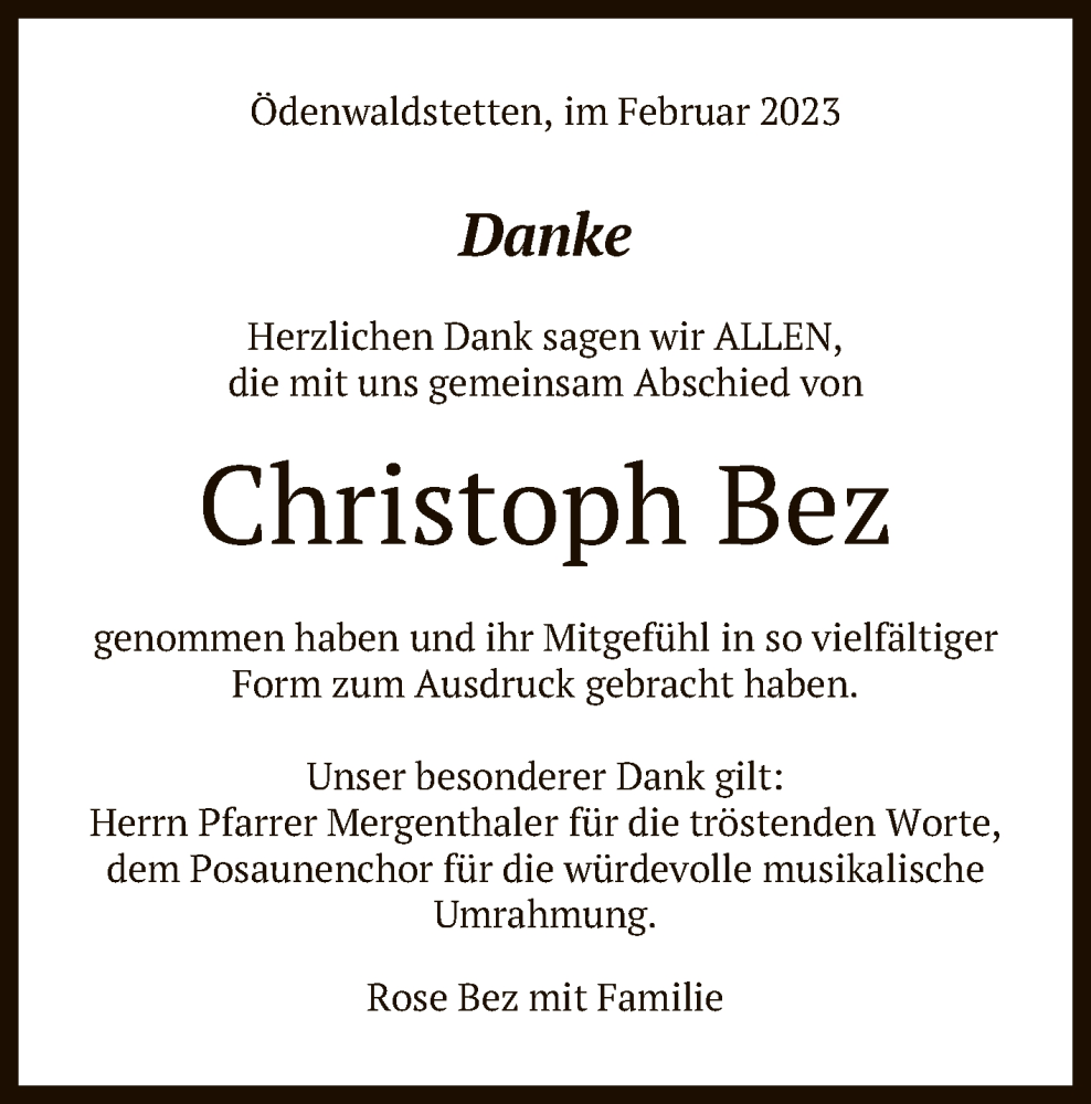  Traueranzeige für Christoph Bez vom 09.02.2023 aus Reutlinger General-Anzeiger