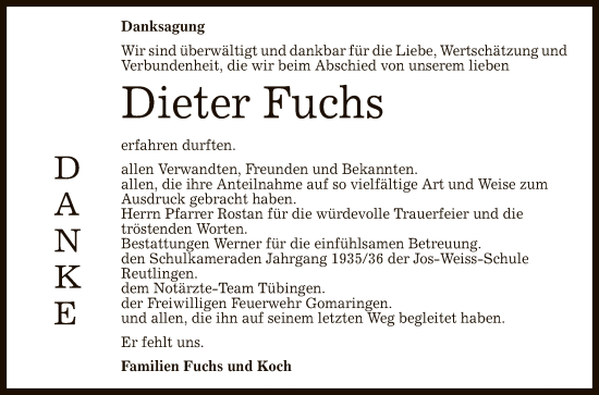 Anzeige von Dieter Fuchs von Reutlinger General-Anzeiger