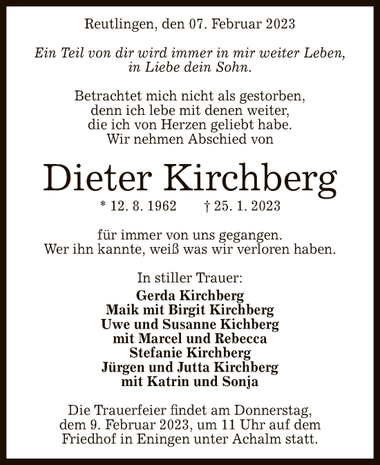 Anzeige von Dieter Kirchberg von Reutlinger General-Anzeiger