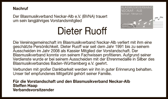 Anzeige von Dieter Ruoff von Reutlinger General-Anzeiger
