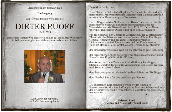 Anzeige von Dieter Ruoff von Reutlinger General-Anzeiger