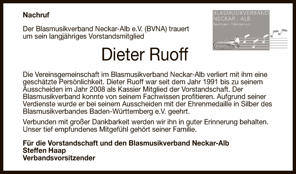  Traueranzeige für Dieter Ruoff vom 09.02.2023 aus Reutlinger General-Anzeiger