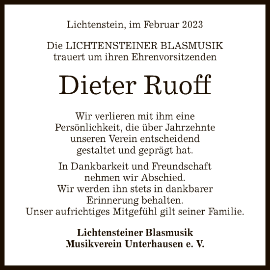 Anzeige von Dieter Ruoff von Reutlinger General-Anzeiger