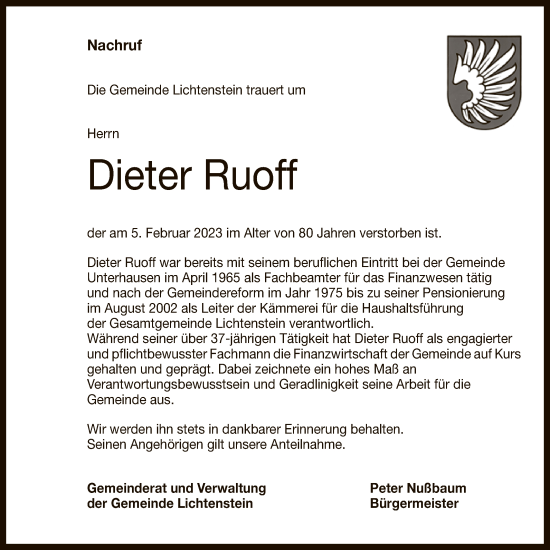 Anzeige von Dieter Ruoff von Reutlinger General-Anzeiger