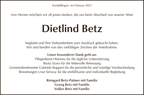 Anzeige von Dietlind Betz von Reutlinger General-Anzeiger