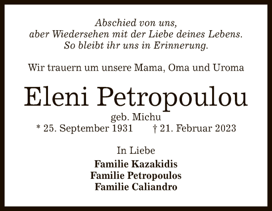 Anzeige von Eleni Petropoulou von Reutlinger General-Anzeiger