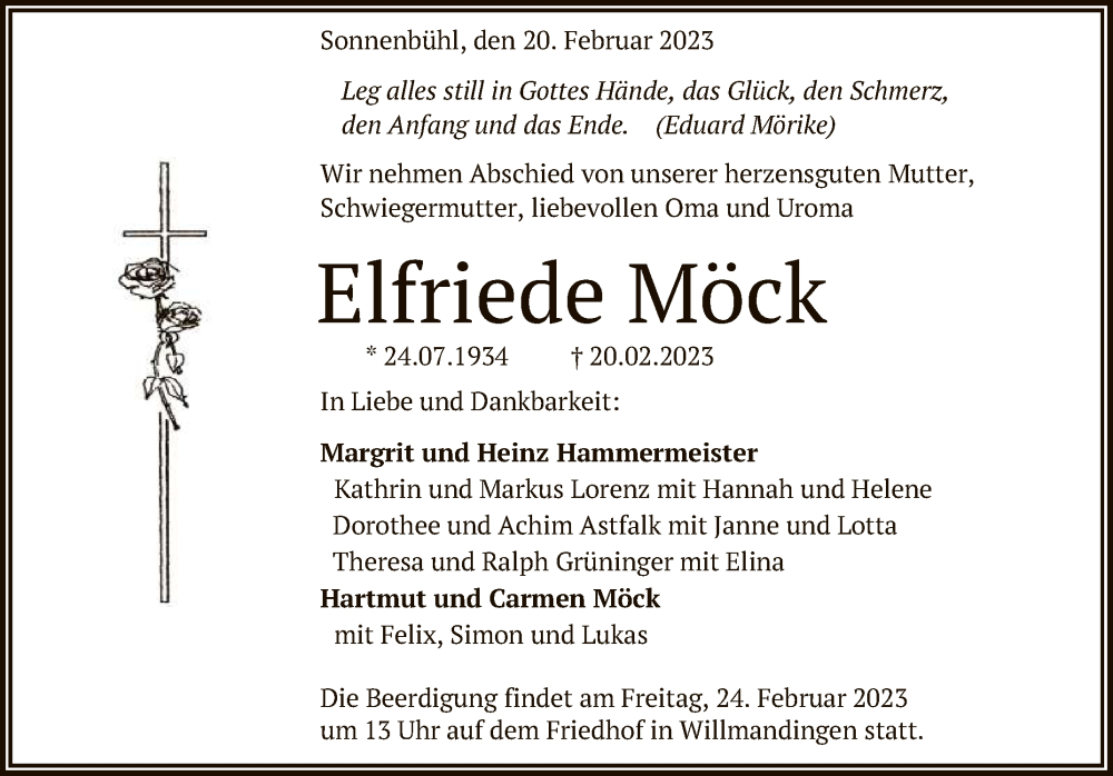  Traueranzeige für Elfriede Möck vom 23.02.2023 aus Reutlinger General-Anzeiger