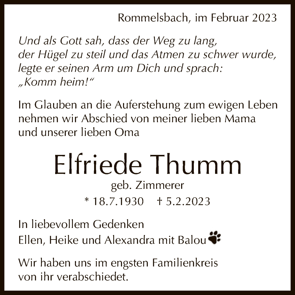  Traueranzeige für Elfriede Thumm vom 14.02.2023 aus Reutlinger General-Anzeiger