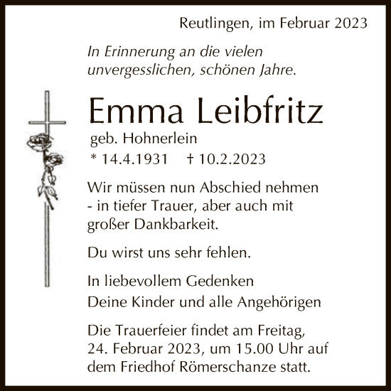 Anzeige von Emma Leibfritz von Reutlinger General-Anzeiger