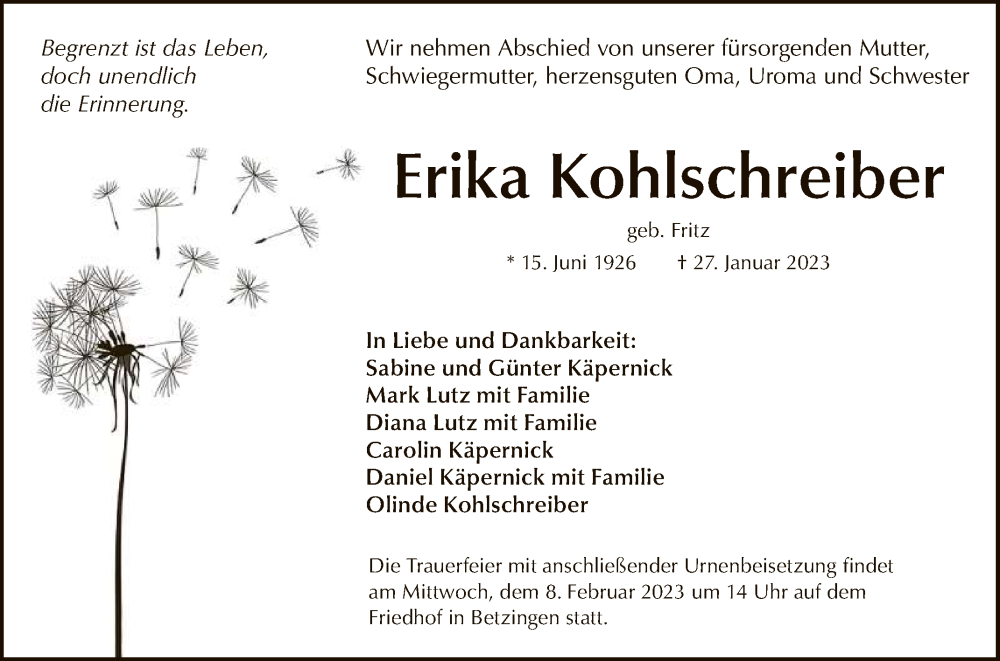  Traueranzeige für Erika Kohlschreiber vom 03.02.2023 aus Reutlinger General-Anzeiger