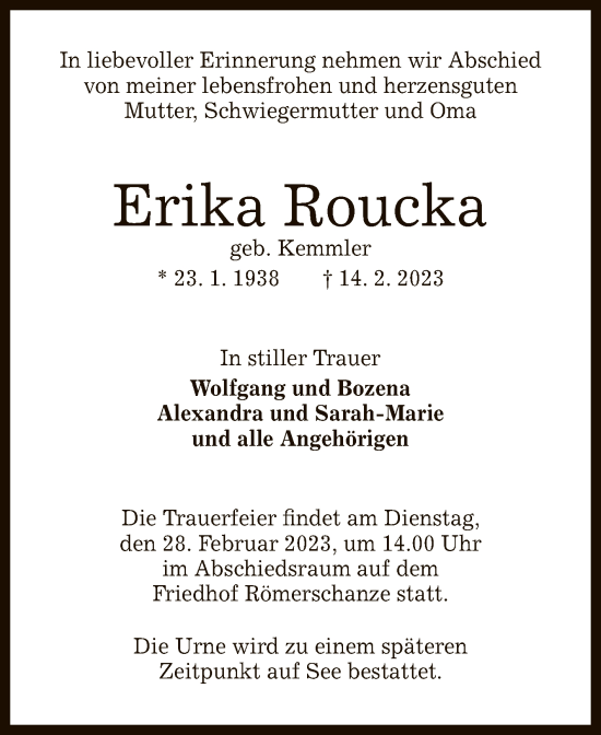 Anzeige von Erika Roucka von Reutlinger General-Anzeiger